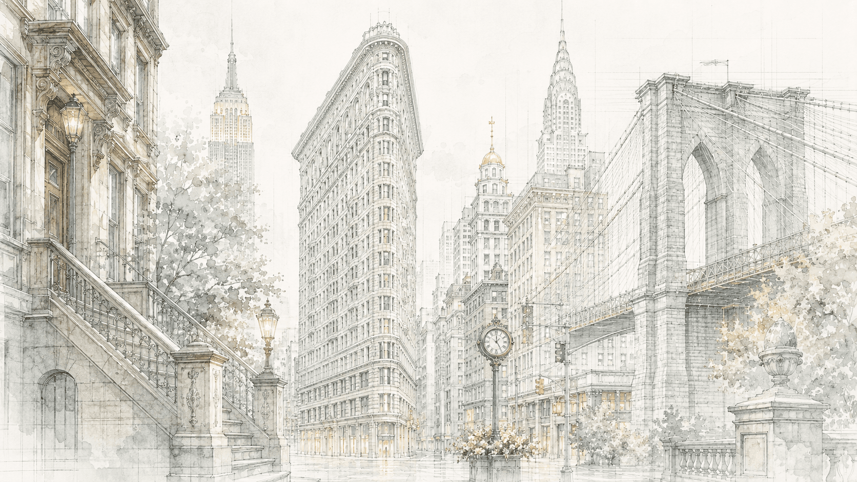Watercolor illustration of New York City architecture, featuring the Flatiron Building, Brooklyn Bridge, and historic city streets.