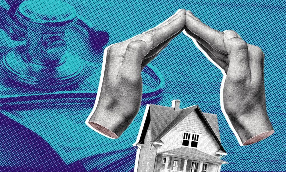 Hero image showing protective hands surrounding a house, with U.S. currency in the background, representing home and asset protection.