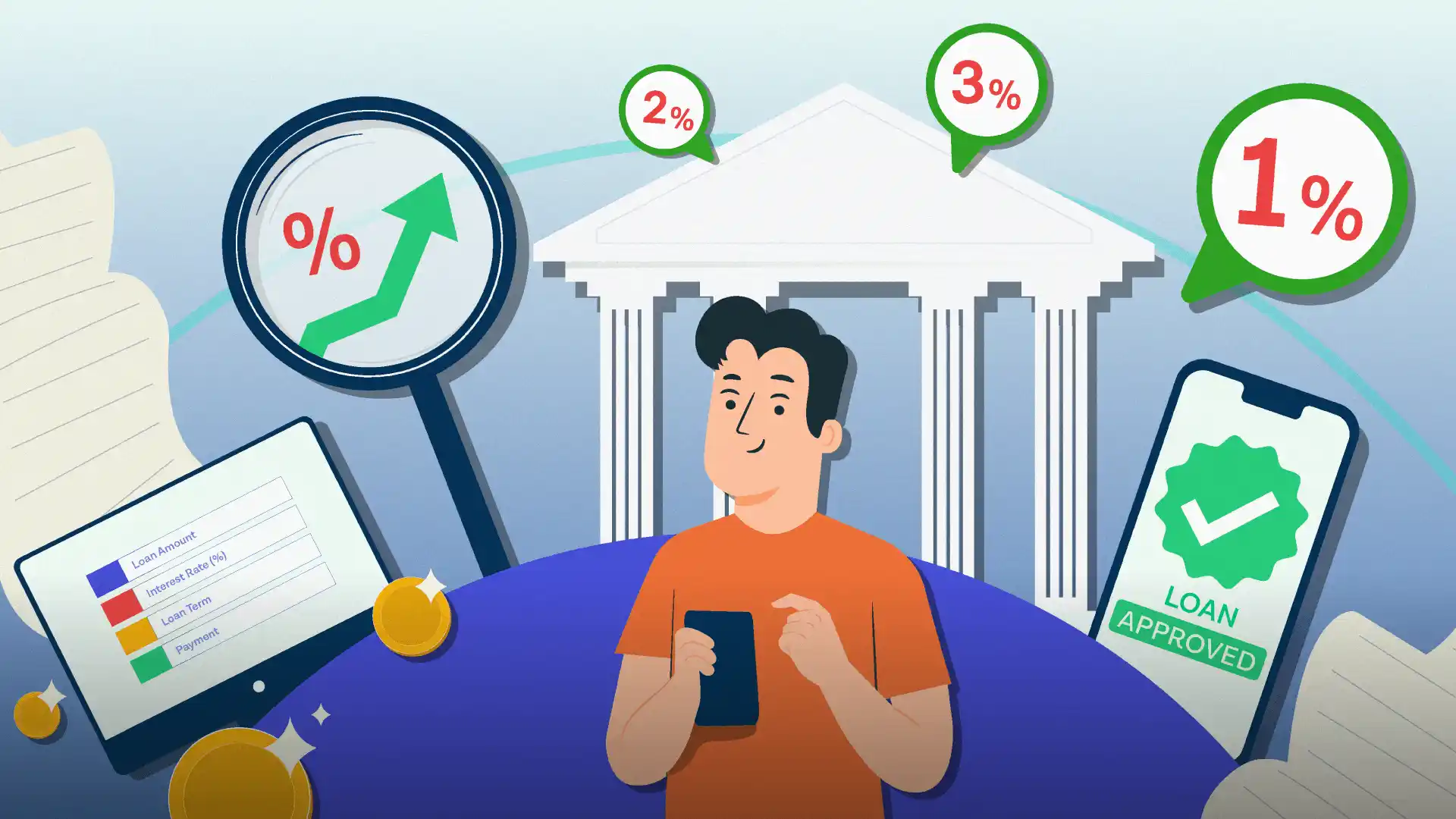 Illustration of a business owner reviewing loan options and interest rates, representing business financing and debt planning.
